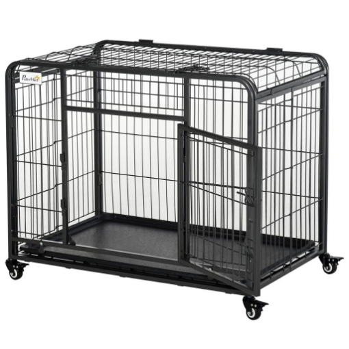 KENNEL PER CANI PIEGHEVOLE A DOPPIA PORTA CON BLOCCO, 4 RUOTE CON FRENO E FONDO RIMOVIBILE, 94X58X69.5 CM, GRIGIO