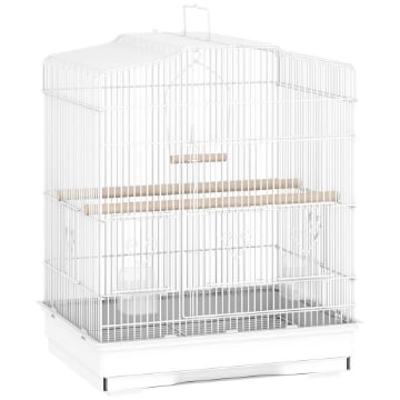 GABBIA PER UCCELLINI PORTATILE CON MANIGLIA, VASSOIO ESTRAIBILE E 5 PORTE, POSATOI E ALTALENA, BIANCO