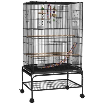 GABBIA PER UCCELLI CON AREA GIOCO, RUOTE, VASSOIO ESTRAIBILE E MENSOLA, 64X45X110 CM, NERO