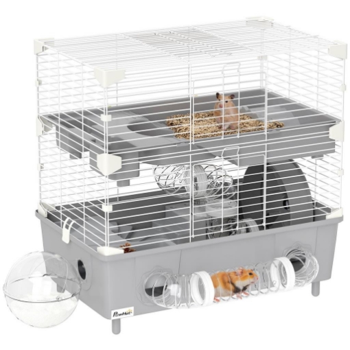 GABBIA PER CRICETI A 2 LIVELLI E 3 PORTE CON RUOTA E TUBI, IN ACCIAIO, PS E PP, 44.5X28X44 CM, GRIGIO E BIANCO