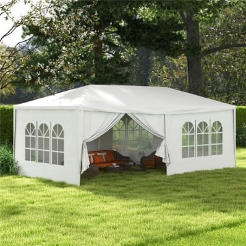 GAZEBO TENDONE PER FESTE 6X3M CON PARETI LATERALI RIMOVIBILI, PORTE E FINESTRE, BIANCO