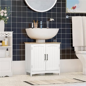 MOBILE SOTTO LAVABO BAGNO CON 2 ANTE E RIPIANO REGOLABILE, 60X33X60CM, LEGNO E BIANCO