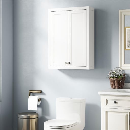 MOBILE DA BAGNO A PARETE IN LEGNO CON 2 RIPIANI REGOLABILI SU 3 LIVELLI, 61X20X84 CM, BIANCO