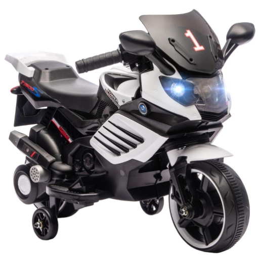 MOTO ELETTRICA PER BAMBINI DA 6V CON ROTELLE RIMOVIBILI, FARI E MUSICHE, ETÀ 18-36 MESI, BIANCO
