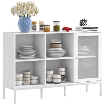 MOBILE BUFFET CON 4 RIPIANI APERTI E ARMADIETTO, IN TRUCIOLATO E ACCIAIO, 120X37X81.5 CM, BIANCO