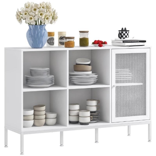 MOBILE BUFFET CON 4 RIPIANI APERTI E ARMADIETTO, IN TRUCIOLATO E ACCIAIO, 120X37X81.5 CM, BIANCO