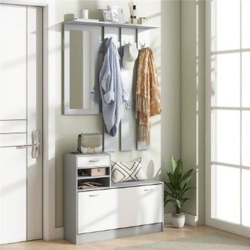 MOBILE APPENDIABITI 3 IN 1 CON SCARPIERA E SPECCHIO, GANCI E CASSETTI, IN LEGNO, 90X10X102 CM, BIANCO E GRIGIO