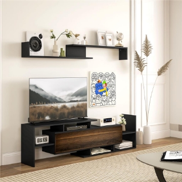 MOBILE TV CON MENSOLA A MURO RIPIANI APERTI E ARMADIETTO IN LEGNO NERO E MARRONE