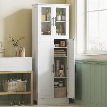 MOBILE BAGNO ALTO CON RIPIANI REGOLABILI, ANTE IN VETRO E LEGNO, 60X30X170 CM, BIANCO