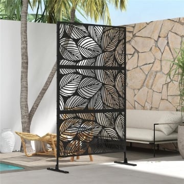 PARAVENTO DA ESTERNO DECORATIVO IN ACCIAIO TRAFORATO CON DESIGN A FOGLIE, 122X198CM, NERO