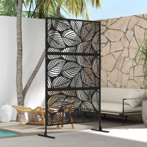 PARAVENTO DA ESTERNO DECORATIVO IN ACCIAIO TRAFORATO CON DESIGN A FOGLIE, 122X198CM, NERO