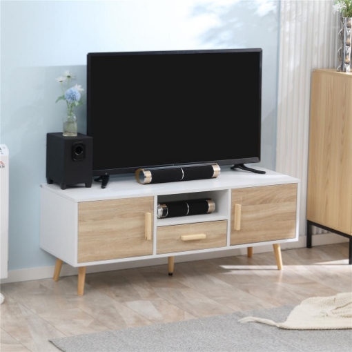 MOBILE TV BASSO PER TV MAX 46" CON RIPIANO APERTO, CASSETTO E 2 ARMADIETTI, IN TRUCIOLATO E PINO, 140X40X55.3 CM