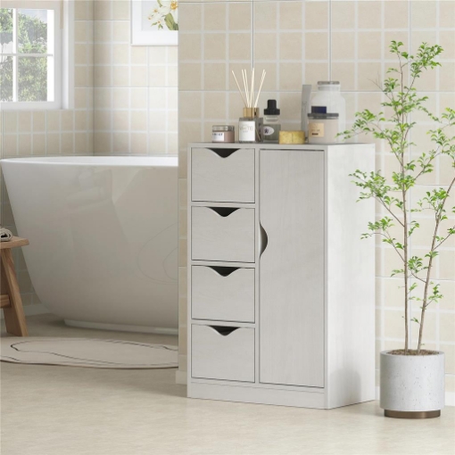 MOBILE BAGNO CON 4 CASSETTI, ARMADIETTO A 2 LIVELLI E MANIGLIE RITAGLIATE, IN LEGNO, 54X29X83 CM, BIANCO
