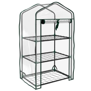 MINI SERRA DA GIARDINO CON COPERTURA IN PE, 3 RIPIANI E PORTA AVVOLGIBILE, 59X39X127 CM, TRASPARENTE