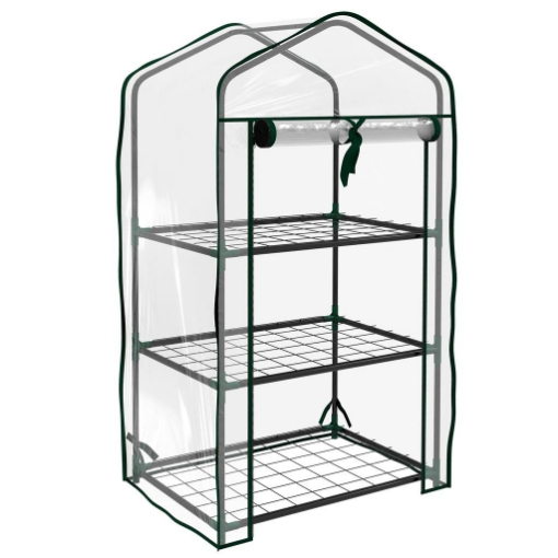 MINI SERRA DA GIARDINO CON COPERTURA IN PE, 3 RIPIANI E PORTA AVVOLGIBILE, 59X39X127 CM, TRASPARENTE