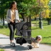PASSEGGINO PER CANI PIEGHEVOLE CON PORTABICCHIERI E CESTINO, IN ACCIAIO E POLIESTERE, 75X45X97 CM, GRIGIO CARBONE
