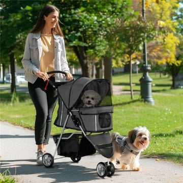 PASSEGGINO PER CANI PIEGHEVOLE CON PORTABICCHIERI E CESTINO, IN ACCIAIO E POLIESTERE, 75X45X97 CM, GRIGIO CARBONE