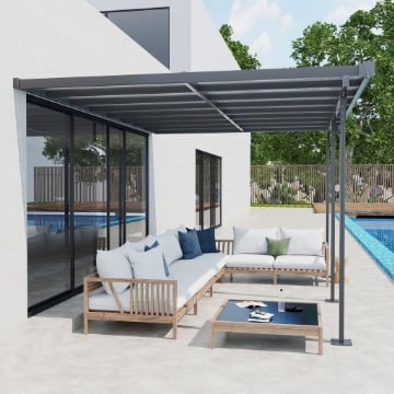 PERGOLA ADDOSSATA DA GIARDINO IN POLICARBONATO E ALLUMINIO, INSTALLAZIONE REGOLABILE, GRIGIO