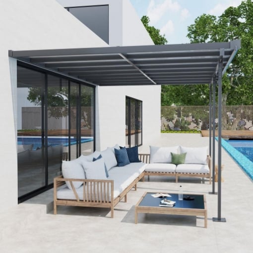 PERGOLA ADDOSSATA DA GIARDINO IN POLICARBONATO E ALLUMINIO, INSTALLAZIONE REGOLABILE, GRIGIO