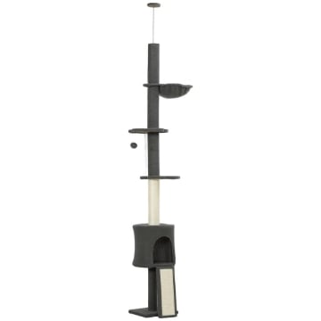 ALBERO PER GATTI A SOFFITTO ALTO 220-240 CM CON AMACA, CASETTA, PIATTAFORME A FIORE E PALI IN SISAL, GRIGIO