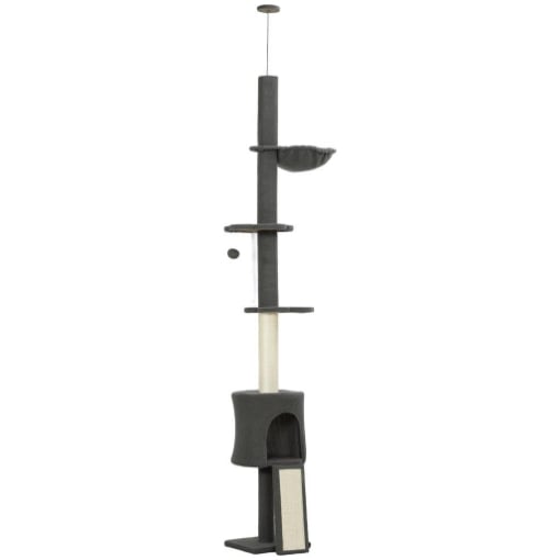 ALBERO PER GATTI A SOFFITTO ALTO 220-240 CM CON AMACA, CASETTA, PIATTAFORME A FIORE E PALI IN SISAL, GRIGIO