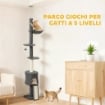 ALBERO PER GATTI A SOFFITTO ALTO 220-240 CM CON AMACA, CASETTA, PIATTAFORME A FIORE E PALI IN SISAL, GRIGIO