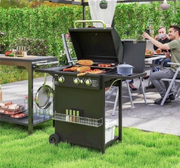 BARBECUE A GAS CON BRUCIATORI INDIPENDENTI COPERCHIO CON TERMOMETRO E TAVOLINO LATERALE NERO 98X57X123 CM