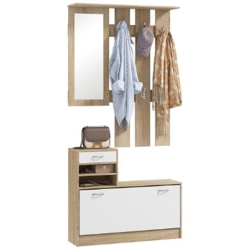 MOBILE APPENDIABITI 3 IN 1 CON SCARPIERA E SPECCHIO, GANCI E CASSETTI, IN LEGNO, 90X24X177 CM, BIANCO E QUERCIA