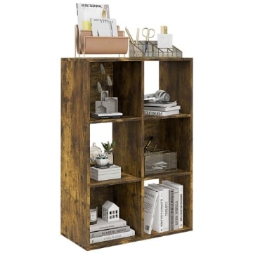 LIBRERIA A CUBI CON 6 RIPIANI PORTAOGGETTI IN LEGNO DAL DESIGN RUSTICO, 61.5X29.5X91.5 CM, MARRONE