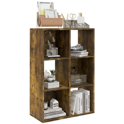 LIBRERIA A CUBI CON 6 RIPIANI PORTAOGGETTI IN LEGNO DAL DESIGN RUSTICO, 61.5X29.5X91.5 CM, MARRONE