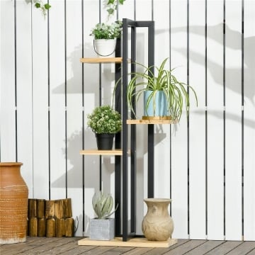 PORTAPIANTE A 4 RIPIANI DALLO STILE INDUSTRIALE IN LEGNO DI ABETE E METALLO 45X25X110 CM NERO E COLOR LEGNO