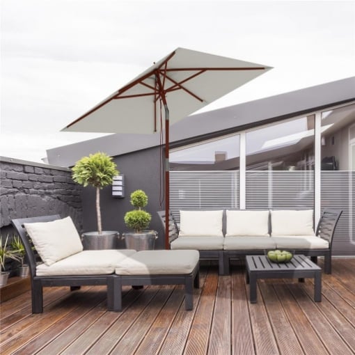 OMBRELLONE RETTANGOLARE INCLINABILE 2X1.5 M CON 6 STECCHE E APERTURA A CORDA IN BAMBÙ E POLIESTERE BEIGE