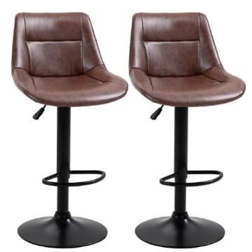 SET 2 SGABELLI DA BAR VINTAGE IN FINTA PELLE MARRONE CON POGGIAPIEDI E BASE ROTONDA, 46.5X50X88-108 CM