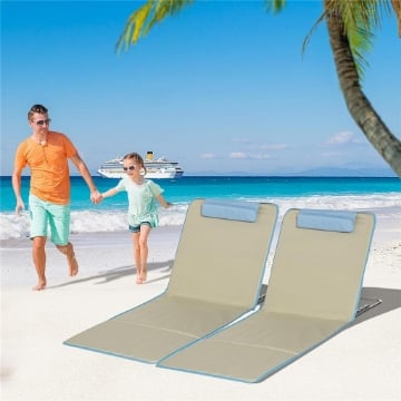 SET 2 SDRAIO DA SPIAGGIA PIEGHEVOLI CON SCHIENALE REGOLABILE E POGGIATESTA 53X124X35-45 CM BEIGE E AZZURRO