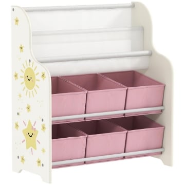 SCAFFALE PORTAGIOCHI CON 6 CASSETTI IN TESSUTO E LIBRERIA A 2 LIVELLI, IN LEGNO E ACCIAIO, 63X30X71 CM, ROSA