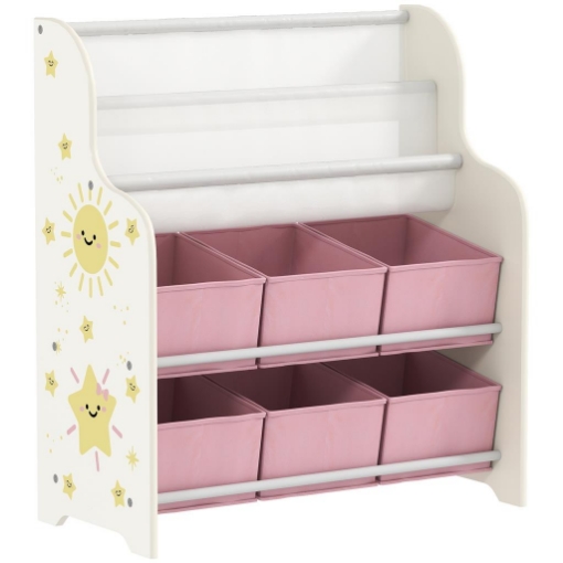 SCAFFALE PORTAGIOCHI CON 6 CASSETTI IN TESSUTO E LIBRERIA A 2 LIVELLI, IN LEGNO E ACCIAIO, 63X30X71 CM, ROSA
