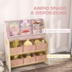 SCAFFALE PORTAGIOCHI CON 6 CASSETTI IN TESSUTO E LIBRERIA A 2 LIVELLI, IN LEGNO E ACCIAIO, 63X30X71 CM, ROSA