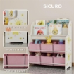 SCAFFALE PORTAGIOCHI CON 6 CASSETTI IN TESSUTO E LIBRERIA A 2 LIVELLI, IN LEGNO E ACCIAIO, 63X30X71 CM, ROSA