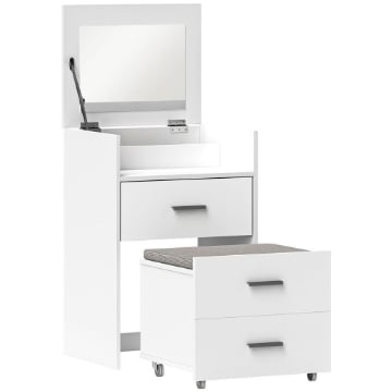 TAVOLO DA TRUCCO IN LEGNO CON SPECCHIO RIBALTABILE, 2 CASSETTI E SGABELLO, 50X40X113.5 CM, BIANCO