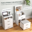 TAVOLO DA TRUCCO IN LEGNO CON SPECCHIO RIBALTABILE, 2 CASSETTI E SGABELLO, 50X40X113.5 CM, BIANCO