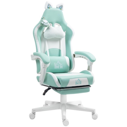 SEDIA DA GAMING RECLINABILE CON POGGIAPIEDI E CUSCINI, IN FINTA PELLE E SPUGNA, 65X62X116-124 CM, BIANCO E AZZURRO