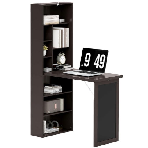 SCRIVANIA MODERNA PIEGHEVOLE CON LIBRERIA E LAVAGNA, IN LEGNO E METALLO, 98X51X153 CM, MARRONE