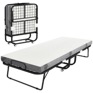 LETTO PIEGHEVOLE SINGOLO 90X200 CM CON MATERASSO SPESSO 10 CM, RETE IN METALLO E RUOTE CON FRENO, NERO