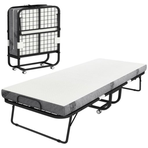 LETTO PIEGHEVOLE SINGOLO 90X200 CM CON MATERASSO SPESSO 10 CM, RETE IN METALLO E RUOTE CON FRENO, NERO