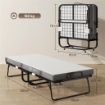 LETTO PIEGHEVOLE SINGOLO 90X200 CM CON MATERASSO SPESSO 10 CM, RETE IN METALLO E RUOTE CON FRENO, NERO