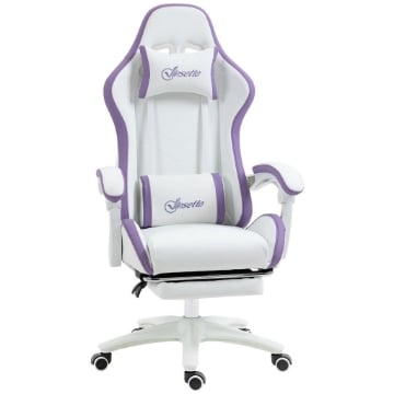SEDIA DA GAMING CON ALTEZZA REGOLABILE E SCHIENALE RECLINABILE, 65X65X121-129 CM, BIANCO E VIOLA