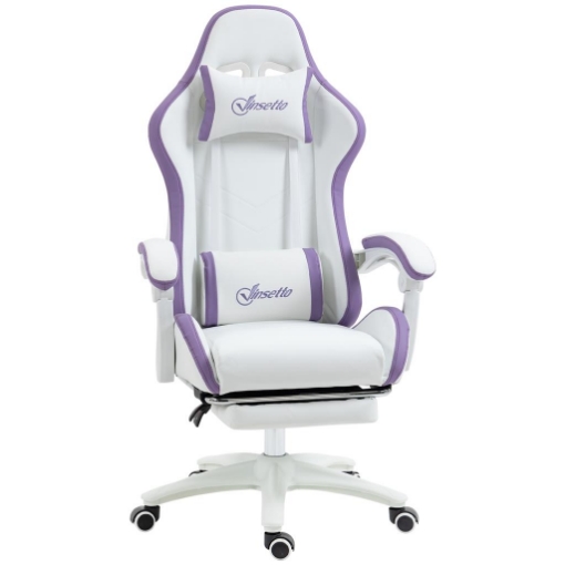 SEDIA DA GAMING CON ALTEZZA REGOLABILE E SCHIENALE RECLINABILE, 65X65X121-129 CM, BIANCO E VIOLA