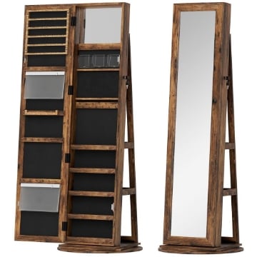 SPECCHIO PORTAGIOIE DA TERRA GIREVOLE A 360¦ CON RIPIANI E CHIUSURA A CHIAVE, 55X55X161 CM, MARRONE RUSTICO
