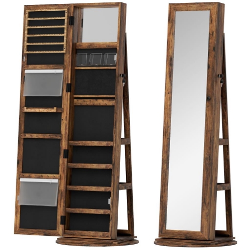 SPECCHIO PORTAGIOIE DA TERRA GIREVOLE A 360¦ CON RIPIANI E CHIUSURA A CHIAVE, 55X55X161 CM, MARRONE RUSTICO