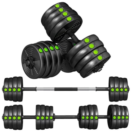 SET 2 IN 1 CON 2 MANUBRI CONVERTIBILI IN BILANCIERE, PESO TOTALE 30 KG E DISCHI PESI REGOLABILI, NERO